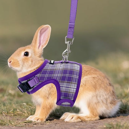 AIITLE Adjustable Bunny Harness & Leash Set - Soft Mesh Liner, Comfort Fit Plaid Pattern Vest with Magic Tape Design, Portable for Small Animal Pets Rat Squirrel Ferret Puppy Cat, Purple L