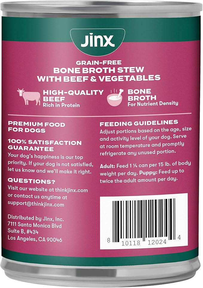 Jinx Bone Broth Stew for Dogs - Beef & Vegetables Recipe - Grain-Free Wet Dog Food & Topper for Picky Eaters - Promotes Lean Muscle Growth, A Healthy Coat & Improved Digestion - 13 Oz, 12 Pack