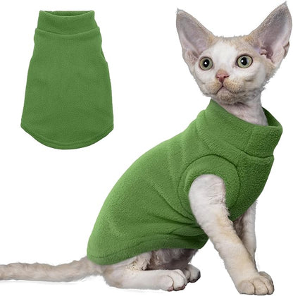 PUMYPOREITY Cat Sweater, Warm Kitten Clothes, Fleece Winter Coat for Hairless Cats, Soft Dog Fleece Vest, Cold Weather Pet Sweater for Dogs and Cats, Green, S