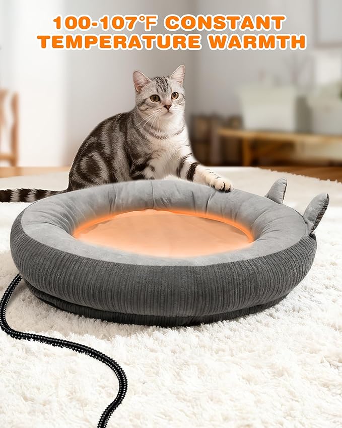 Heated Cat Bed for Indoor Pets – Constant Temperature 100.4-107.6℉ Donut Cat Heating Pad with Chew Resistant 87 Inch Cord, Washable Cover, Cozy Round Pet Bed for Small Cats Kittens Dogs