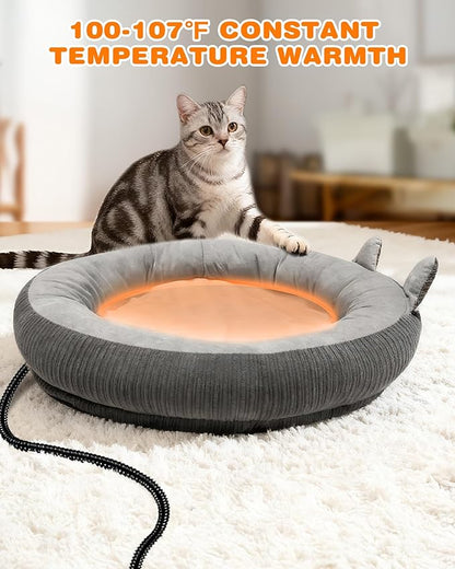 Heated Cat Bed for Indoor Pets – Constant Temperature 100.4-107.6℉ Donut Cat Heating Pad with Chew Resistant 87 Inch Cord, Washable Cover, Cozy Round Pet Bed for Small Cats Kittens Dogs