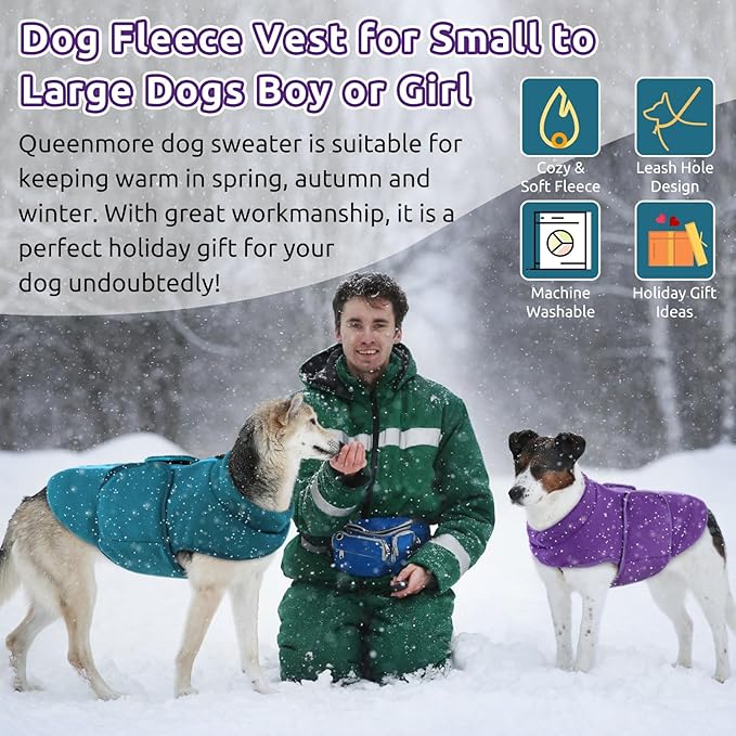 Queenmore XXL Dog Sweaters, Soft Fleece Vest Pullover Dog Jacket with Leash Hole, Warm Winter Dog Clothes Cold Weather Doggy Dachshund Sweater for Large Dogs Cats Boy or Girl (Peacock-Blue, XXL)