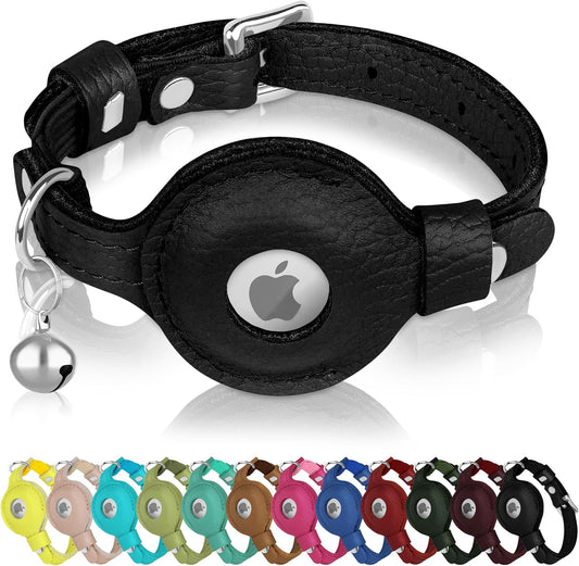 OOPSDOGGY Cat Collar for AirTag Holder, Leather Kitten Collars with Elastic Strap & Bell, Non Breakaway Adjustable Small Pet Collars for Indoor & Outdoor for Boy, Girl (Black)