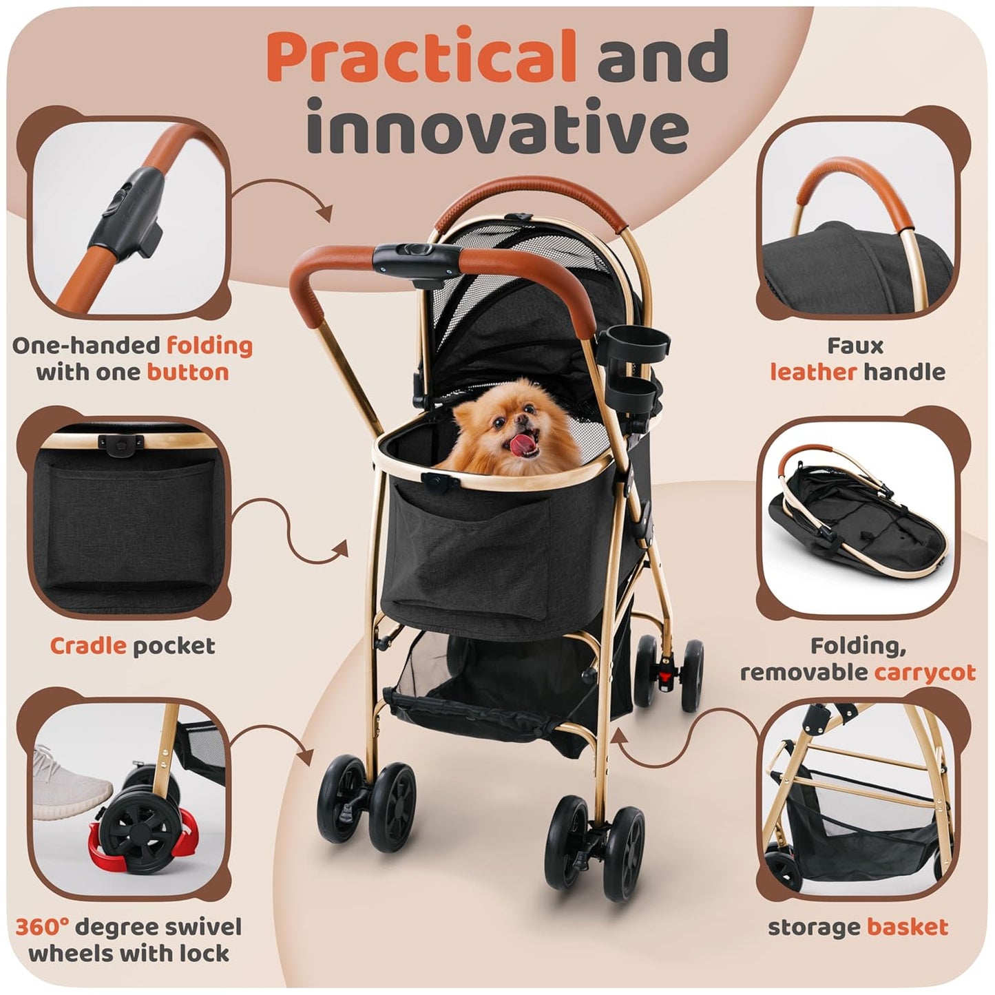 Pet Stroller for Small Medium Dogs & Cats – 2-in-1 Detachable Carrier, Zipperless Entry, Lightweight Folding Travel Stroller with Storage Basket, Cup Holder, Black