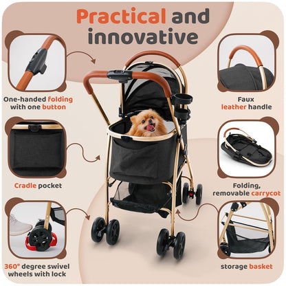 Pet Stroller for Small Medium Dogs & Cats – 2-in-1 Detachable Carrier, Zipperless Entry, Lightweight Folding Travel Stroller with Storage Basket, Cup Holder, Black
