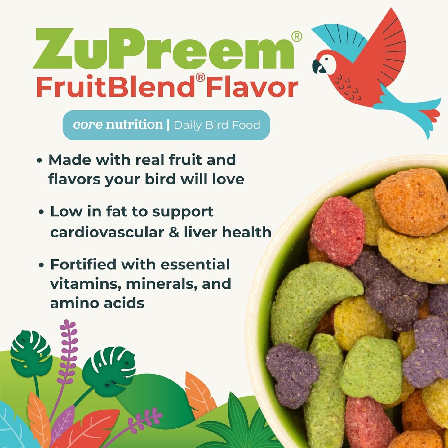 ZuPreem FruitBlend Bird Pellets, Daily Bird Food for Amazon, Cockatoo, Macaw, Core Nutrition for Large Birds, Made in USA, Macaw Pellets (L, 17.5 lb)