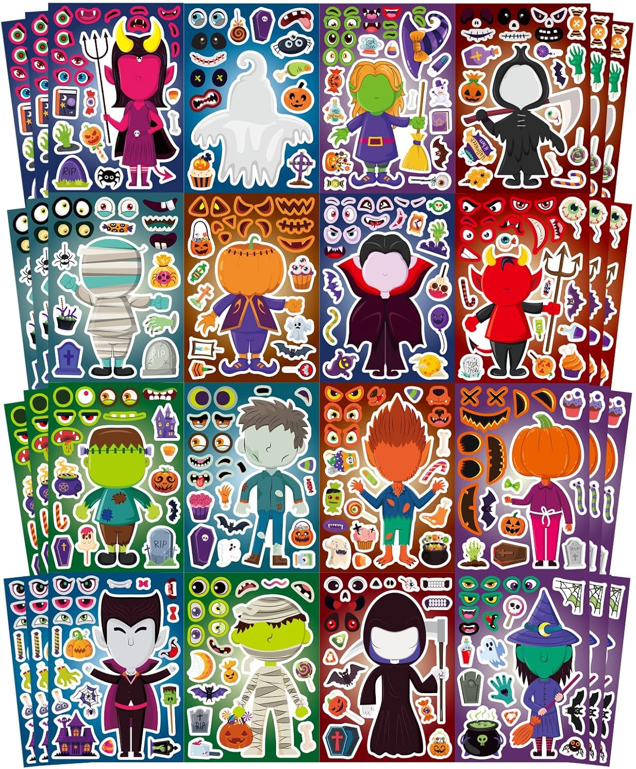 48 Sheets Halloween Make a Face Stickers for Kids, 16 Design Make Your Own Character Mix and Match Stickers Sheets Halloween Party Crafts Trick or Treat