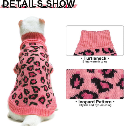 Mihachi Winter Warm Cat Sweater Turtleneck Puppy Pets Sweater Knit Vest Fashion Leopard for Cats Puppy Small Animals Pink Large