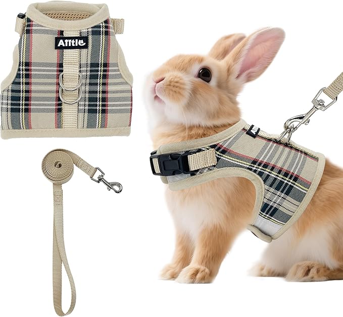 AIITLE Adjustable Bunny Harness & Leash Set - Soft Mesh Liner, Comfort Fit Plaid Pattern Vest with Magic Tape Design, Portable for Small Animal Pets Puppy Cat Rat Squirrel Ferret, Beige L