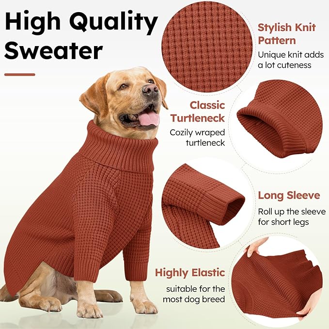 Queenmore Large Dog Sweater, Plaid Dog Sweaters for Large Dogs, Turtleneck Pet KintSweater with Check Pattern, Long Sleeve Holiday Pet Knitwear, Solid, Saddle Brown L