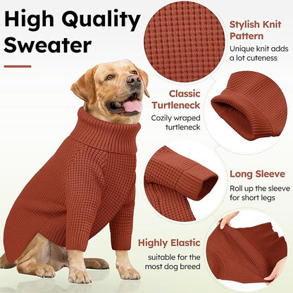 Queenmore XXL Dog Sweater, Large Dog Sweaters for Male Dogs, Turtleneck Plaid Kintsweaters for Large Breeds, Cold Weather Pullover Pet Clothes, Saddle Brown 2XL