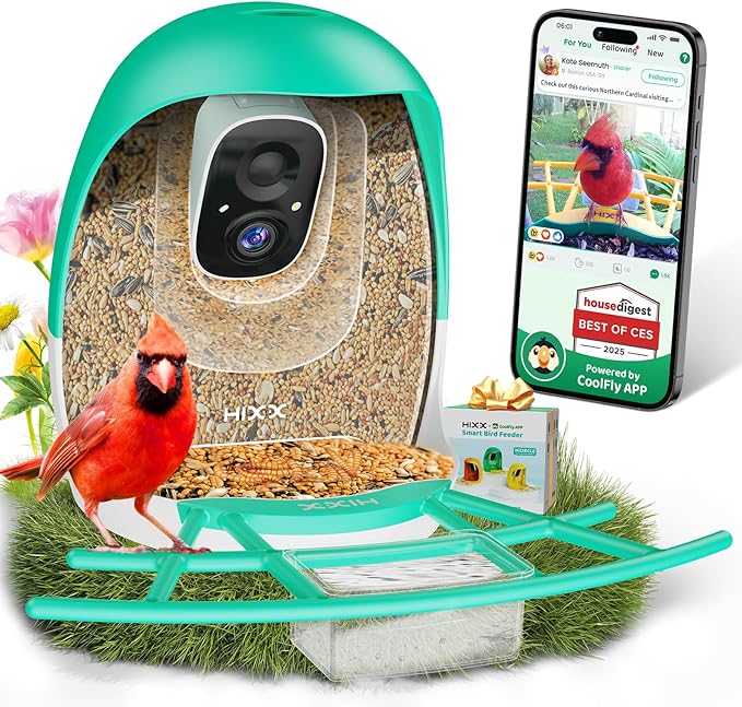HIXX Smart Bird Feeder with Camera, AI Identify Birds & Auto Capture, 2K HD Live Camera Birdwatching with Color Night Vision for Bird Lovers Gifts (Pea Green)