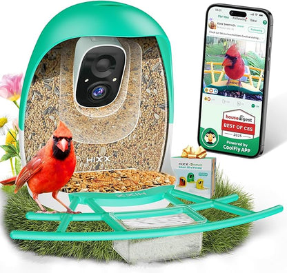 HIXX Smart Bird Feeder with Camera, AI Identify Birds & Auto Capture, 2K HD Live Camera Birdwatching with Color Night Vision for Bird Lovers Gifts (Pea Green)