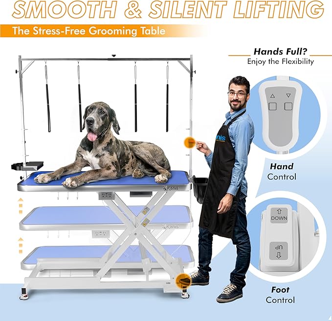 KANIS Professional Electric Dog Grooming Table - Heavy Duty, Height Adjustable Pet Grooming Table w/Leveling Wheels, Grooming Arm, Anti Slip Tabletop & Tool Organizer/Dog Grooming Station (60", WHITE)