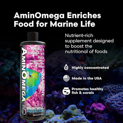 Brightwell Aquatics AminŌmega Amino Acid Omega-3 6 Supplement for Enriching Live Prepared Foods Supports Color Growth Recovery in Marine Fish Corals Inverts, 250 ml