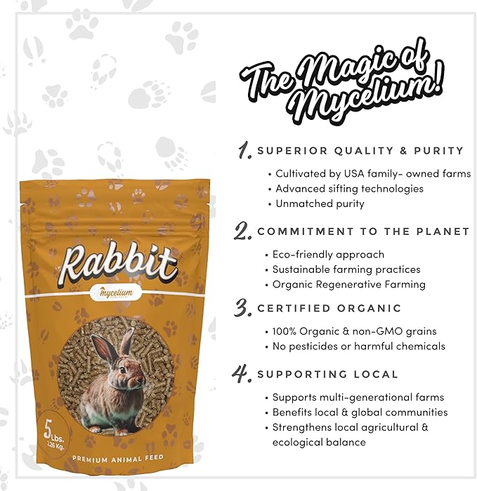 Mycelium Premium Rabbit Food - Organic, Non-GMO, High Nutritional Value Food for Rabbits, Sourced from Local USA Farms, Sustainable Farming, 5 lbs