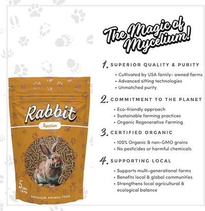 Mycelium Premium Rabbit Food - Organic, Non-GMO, High Nutritional Value Food for Rabbits, Sourced from Local USA Farms, Sustainable Farming, 5 lbs