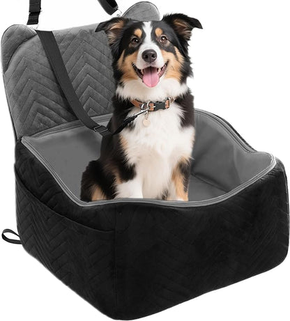 Dog Car Seat for Small Medium Dog up to 30 lbs with Waterproof PU Cover Pet Car Booster Seat with Memory Foam for Travel, Black, 2 Safety Belt