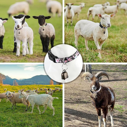 5 Pack Goat Collars with Bells, Horse Sheep Grazing Copper Bells and Adjustable Nylon Collar Set Pet Anti-Lost Loud Bronze Bell for Small Farm Animal Sheep Goat Cow Accessories(Floral)