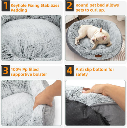 Long Fur Pet Bed for Medium Dogs, Plush Cat Bed with Bolster, Machine Washable Dog Bed with Non-Slip Waterproof Bottom, Orthopedic Support for Warmth & Security, 25x22 Inches