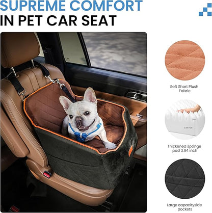 Dog Car Seat for Small Dogs - Puppy Car Seat with Safety Strap & Waterproof Padding, Portable Pet Carrier for Cars, Trucks & SUVs, Comfortable Elevated Bed for Pets Up to 35lbs (Black/Coffee)