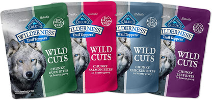 Blue Buffalo Wilderness Trail Toppers Wild Cuts High Protein, Natural Wet Dog Food Variety Pack, Beef, Salmon, Duck & Chicken, 3-oz Pouches, 24 Count