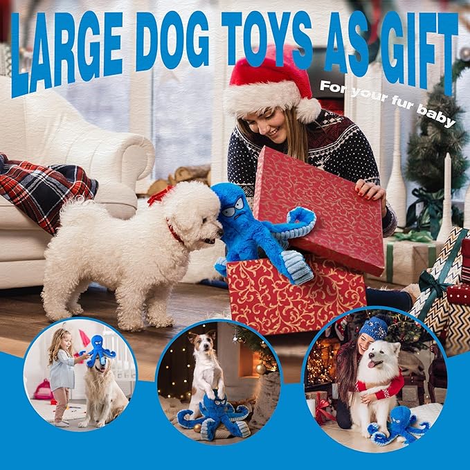 LEGEND SANDY Tough Dog Toys, Stuffed Chew Large Dog Toys to Keep Them Busy, Interactive Squeaky Tug of War Doggie Toy, Crinkle Blue Octopus