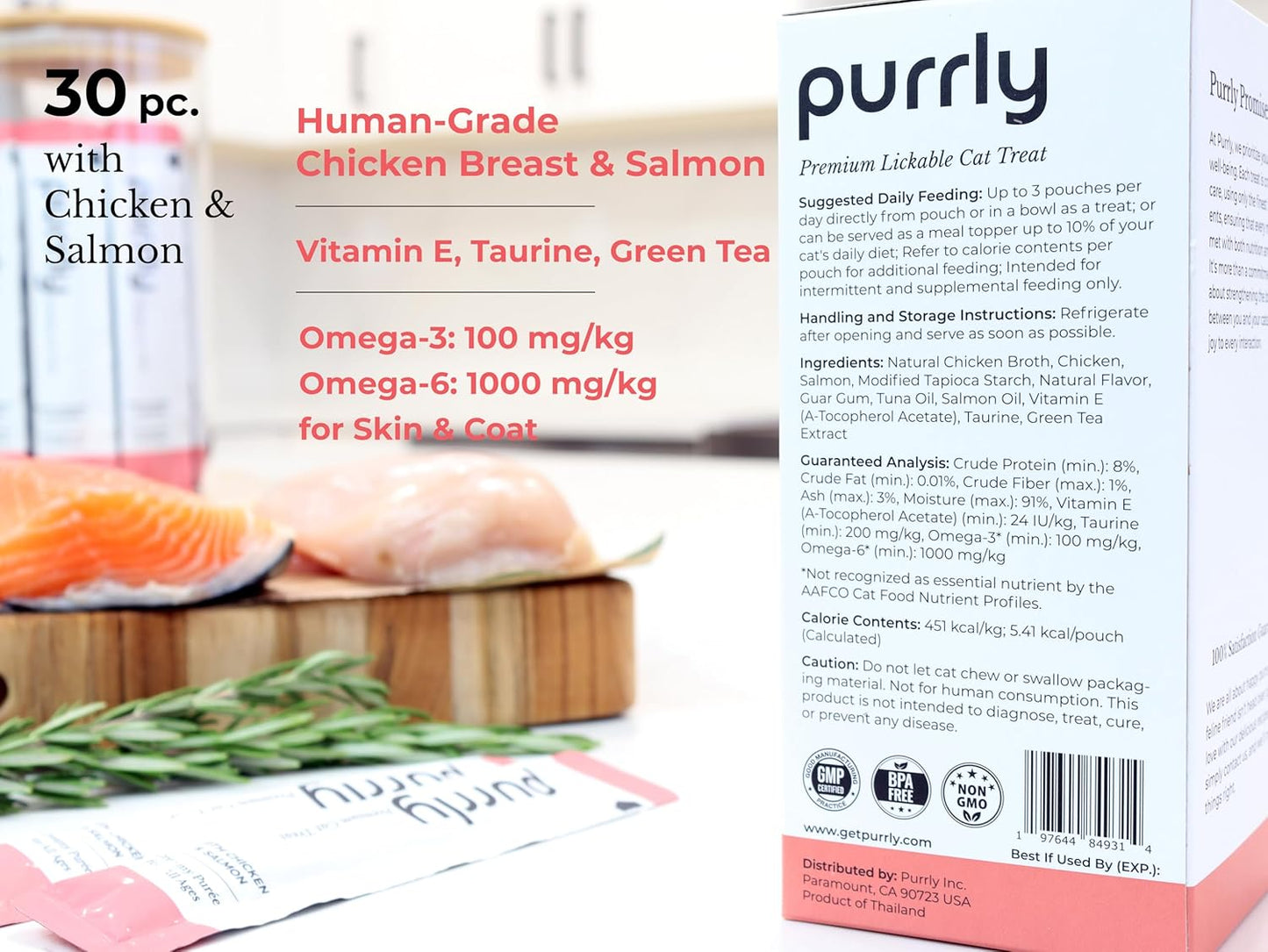 Purrly Hydrating Wet Cat Treat Snack Topper Creamy Purée Human-Grade Chicken Breast & Salmon with Omega-3 & 6 for Skin & Coat (30 Count) Healthy Lickable Squeeze Soft Snack