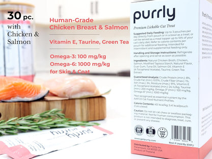 Purrly Hydrating Wet Cat Treat Snack Topper Creamy Purée Human-Grade Chicken Breast & Salmon with Omega-3 & 6 for Skin & Coat (30 Count) Healthy Lickable Squeeze Soft Snack