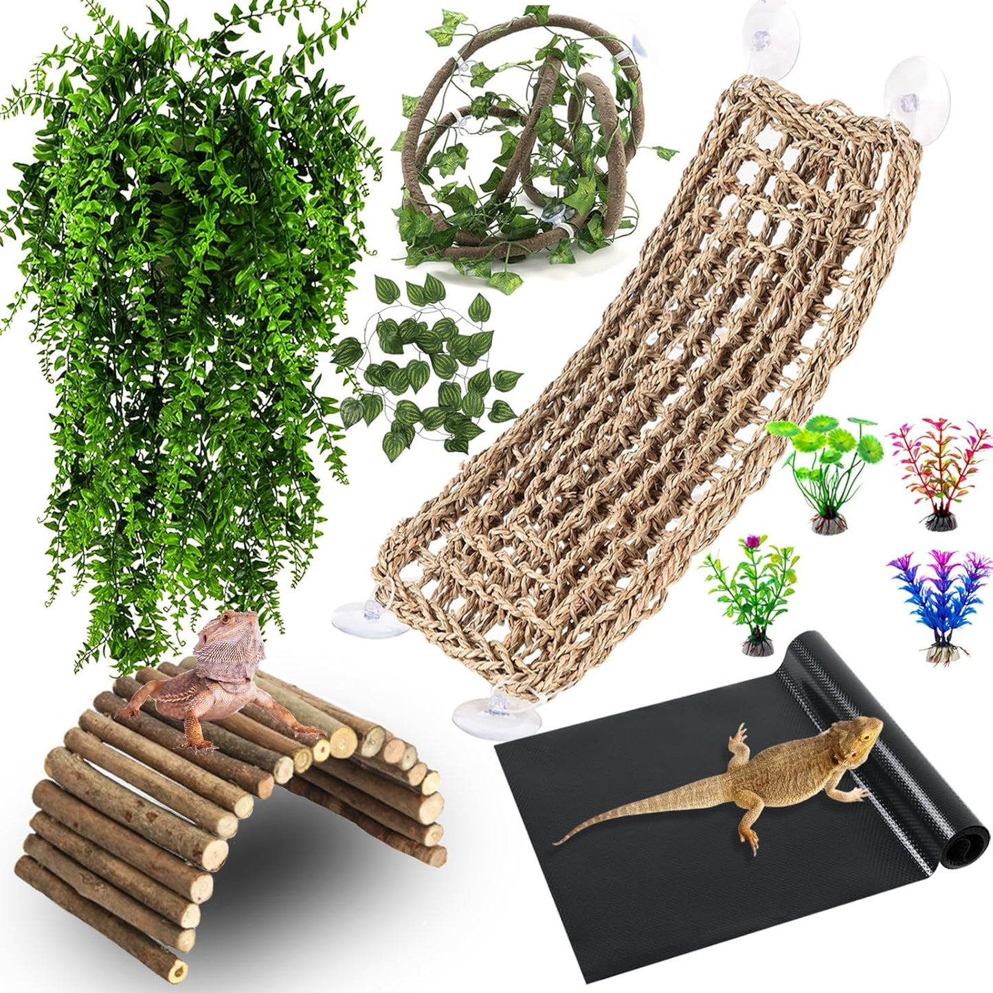 HERCOCCI Bearded Dragon Tank Accessories, Reptile Mat Bridge Hammock Flexible - Jungle Climbing Vines and Leaves with Suction Cups Habitat Décor for Hiding& Climbing Snake Gecko Lizard Chameleon