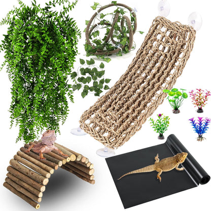 HERCOCCI Bearded Dragon Tank Accessories, Reptile Mat Bridge Hammock Flexible - Jungle Climbing Vines and Leaves with Suction Cups Habitat Décor for Hiding& Climbing Snake Gecko Lizard Chameleon