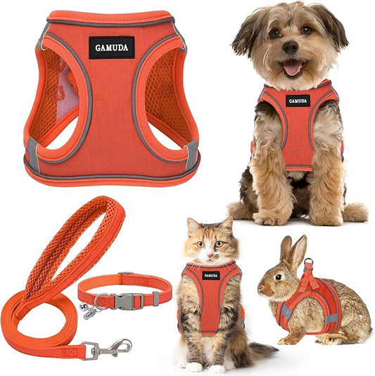 GAMUDA Small Pet Harness Collar and Leash Set, Step in No Chock No Pull Linen Fabric Soft Mesh Dog Vest Harnesses Reflective for Dogs Puppy Cats Kitten Rabbit (Orange, XS)