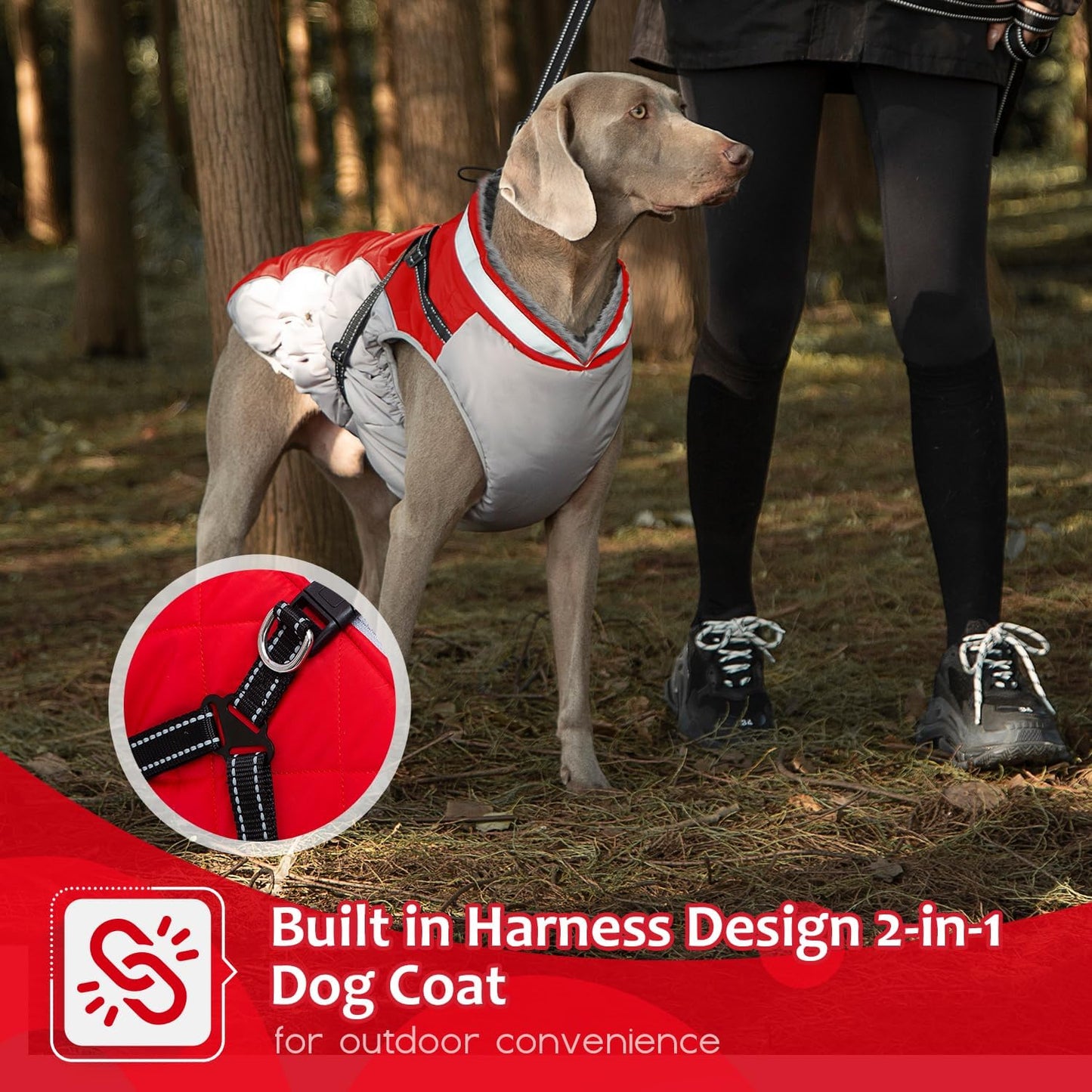 Dog Winter Coat with Harness, Dog Jacket, Pet Clothes with Zipper on Back, Waterproof Windproof Warm Vest, Reflective Cold Weather Coats, for Small Medium Large Dogs, Thick, Red, M