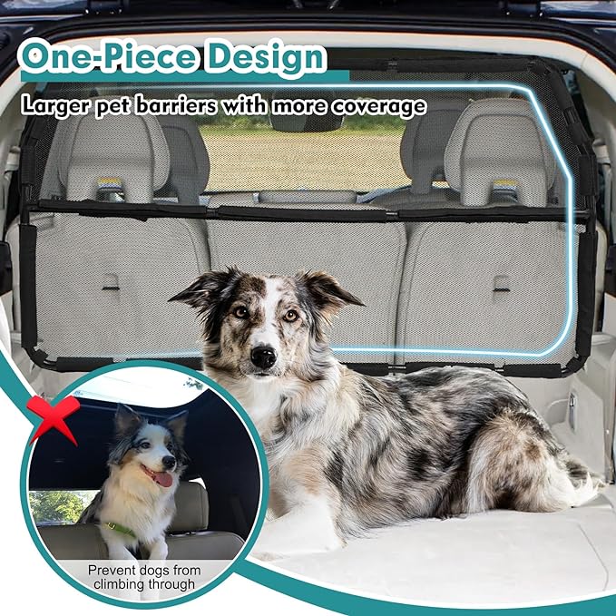 Dog Car Barrier Escape-Proof, 56" Wide Divider for 2nd 3rd Row Seats & Cargo Area, Durable Back Seat Gate Trunk Barrier with See Through Net Mesh for Trucks, Large SUV & Full Sized Vehicles
