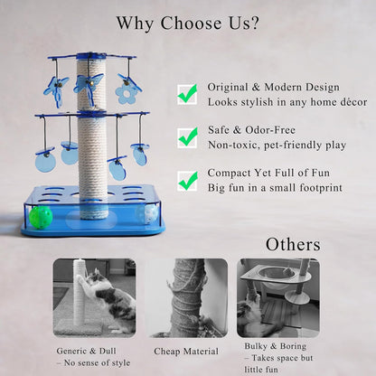 Modern 3-in-1 Interactive Cat Toy with Scratching Post, Cat Puzzle Toys for Indoor Cats with Colorful Jingle Balls, 2-Layer Spinning Teaser Disc with Dangling Toys, Acrylic, Blue