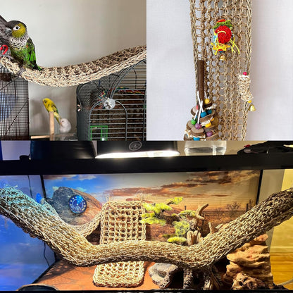 Bird Seagrass Mat 39.4×7" Natural Grass Woven Net Hammock Hanging on Parrot Cage with Hooks Parakeet Climbing Rope Ladder Chew Toys for Lovebird Cockatiel Conure Budgie Cockatoo Supplies