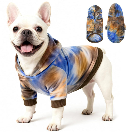 WOYYHO Tie Dye Dog Hoodie & Sweatshirt - Premium Velvet Soft Lightweight Pullover for Small Medium Dogs, Cozy Puppy Sweater for Puppy Dachshund French Bulldog, Multi Blue Browm L
