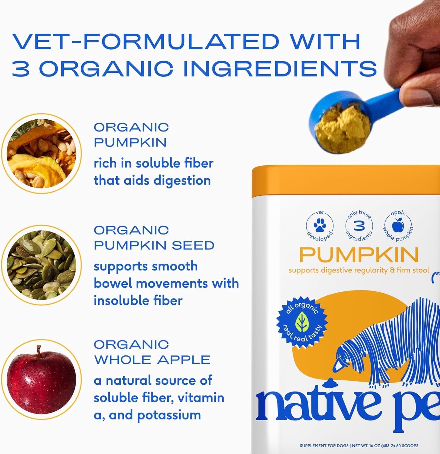 Native Pet Pumpkin for Dogs - Organic Powder Pumpkin Puree Dog Food Toppers -Rich in Fiber Supplement Powder Helps with Digestion, Nutrient Absorption, Diarrhea, Constipation & Upset Stomach-60 Scoops
