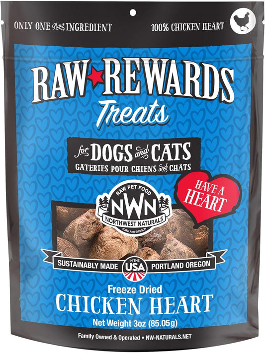 Northwest Naturals Raw Rewards Freeze-Dried Chicken Heart Treats for Dogs and Cats - Bite-Sized Pieces - Healthy, 1 Ingredient, Human Grade Pet Food, All Natural, Proudly Made in USA, 3 Oz