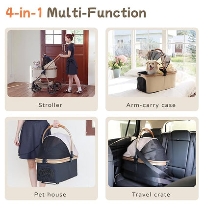 3-in-1 Pet Stroller for Small Dogs & Cats up to 33lbs, One-Touch Fold 4-Wheel Cart with Removable Carrier, Rear Brake & Storage Basket