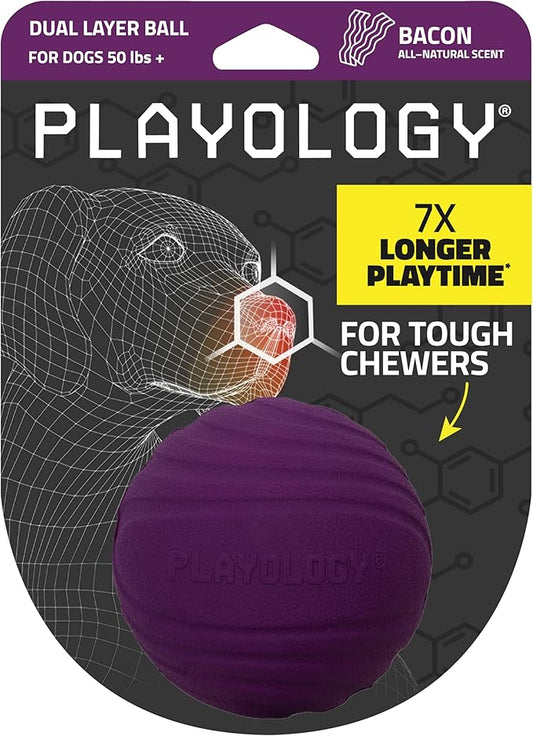 Playology Dog Toys | Dual Layer Ball Durable Chew Toy for Aggressive Chewers | Jumbo Bacon Scented Toy - Easy to Clean and Made from Non Toxic Materials