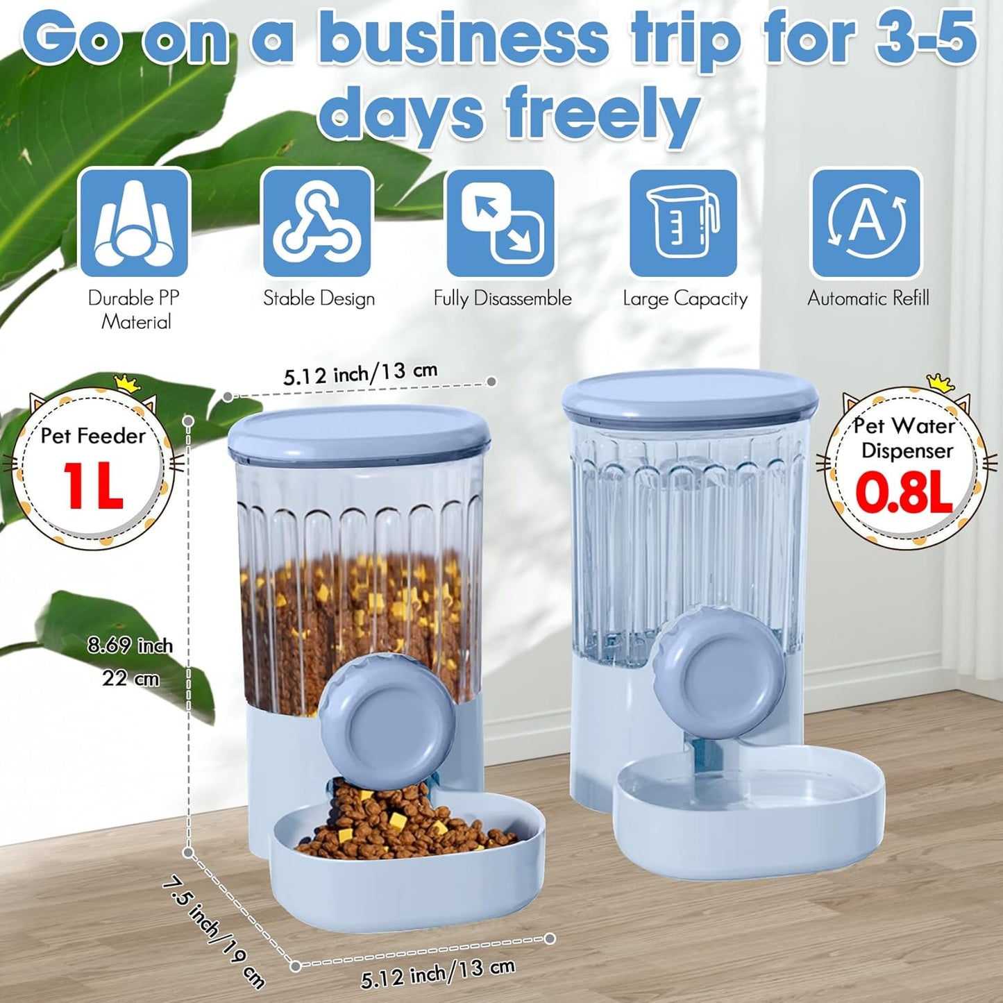 Hanging Small Pet Feeder and Water Dispenser, 1L Auto Cat Food Bowl and 0.8L Water Bottle Dispenser, Auto Gravity Pet Feeder and Waterer Set for Puppy, Kitten, Rabbit and Small Pets (Blue)