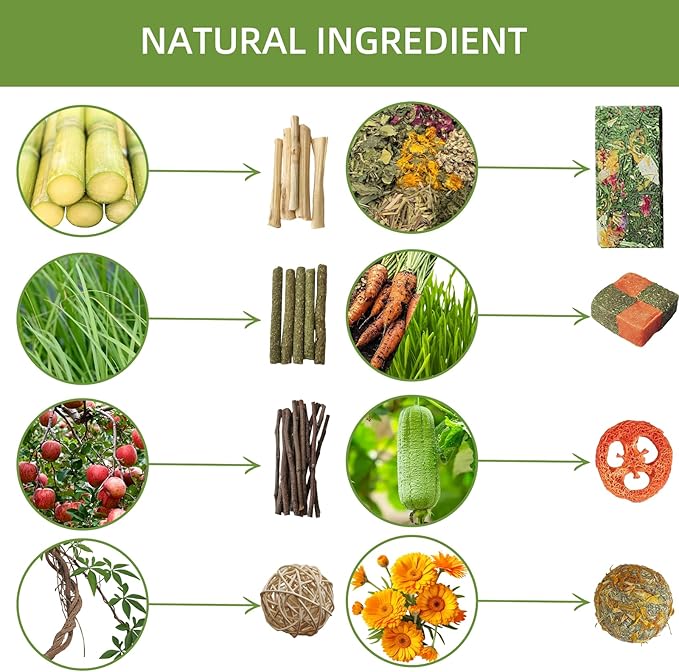 50-60pcs Bunny Chew Toys for Rabbits Teeth, Natural Rabbit Toys Apple Wood Sticks, Carrot, Timothy Grass Treats for Small Pets, Hamster, Chinchilla, Guinea Pig (50-60Pcs Rabbit Treats)