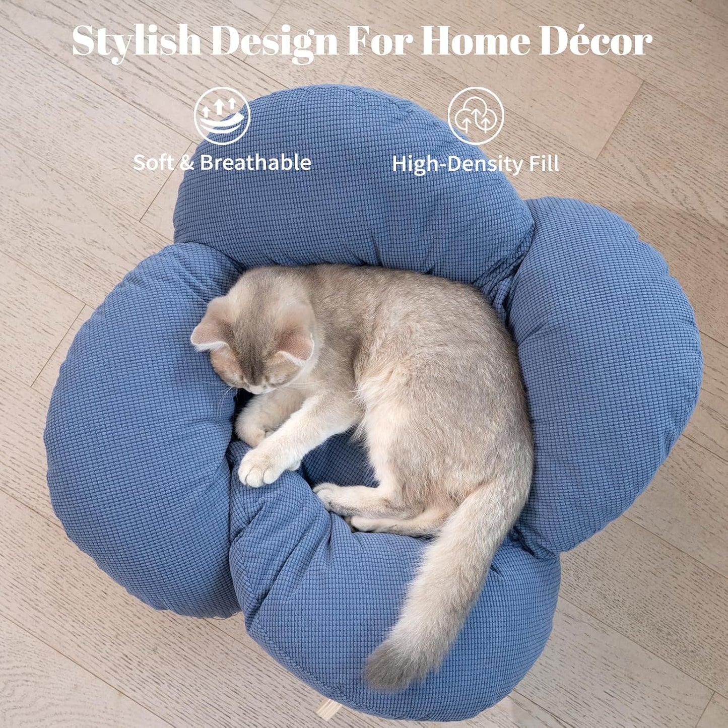 CHEERHOME PETS Elevated Cat Bed Wooden with Cushion Fluffy Pet Couch Sofa for Indoor Cats Raised Kitty Lounge Chair Suitable for Puppy, Cat Furniture(Deep Blue)