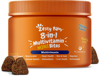Zesty Paws Dog Multivitamin, Chewable Dog Vitamins and Supplements for Hip & Joints, Skin & Coat, Omega 3 Fish Oil for Dogs- Senior & Puppy Multivitamin - Chicken Mini Bites- 90ct