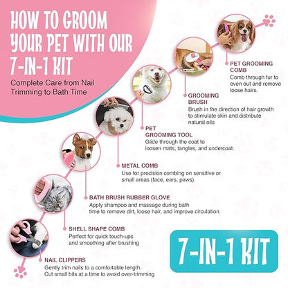 7-in-1 Pet Grooming Kit for Dogs & Cats Deshedding Brush, Bath Brush, Flea Comb, Nail Clipper & Massage Glove Complete Grooming Set for Small & Large Pets