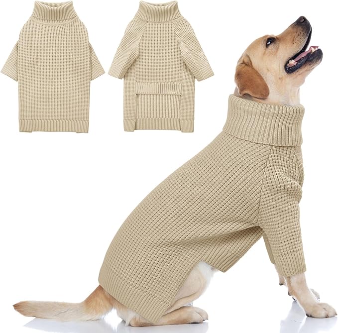 Queenmore XXL Dog Sweater, Large Dog Sweaters for Male Dogs, Turtleneck Plaid Kintsweaters for Large Breeds, Cold Weather Pullover Pet Clothes, Apricot 2XL