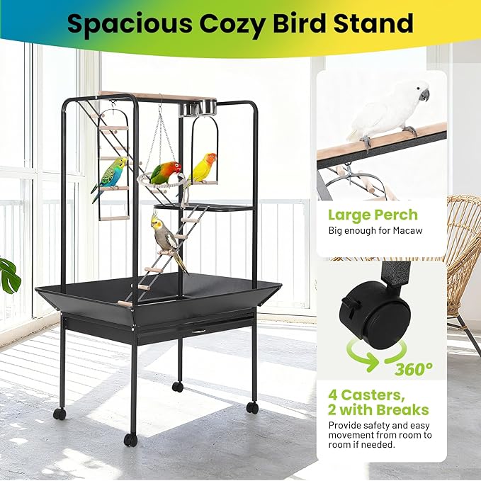 64'' H Inch Birdcage Stand Play Center with Perches and Ladders, Indoor Outdoor Playground for Birds, Bird Playstand w/Rotated Ring Removable Tray, Lockable Caster,Black, for Macaw and Parakeet