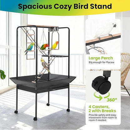 64'' H Inch Birdcage Stand Play Center with Perches and Ladders, Indoor Outdoor Playground for Birds, Bird Playstand w/Rotated Ring Removable Tray, Lockable Caster,Black, for Macaw and Parakeet