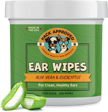 Ear Wipes for Dogs with Aloe Vera & Eucalyptus - Gentle Ear Cleaner for Dogs to Help Remove Wax and Odor - Convenient and Mess-Free Cleaning Pads for Dirty, Itchy Ears - 100 Wipes
